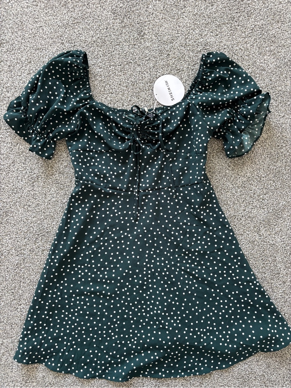 SHEIN Dark Green Polka Dot Puff Sleeve Mini Dress